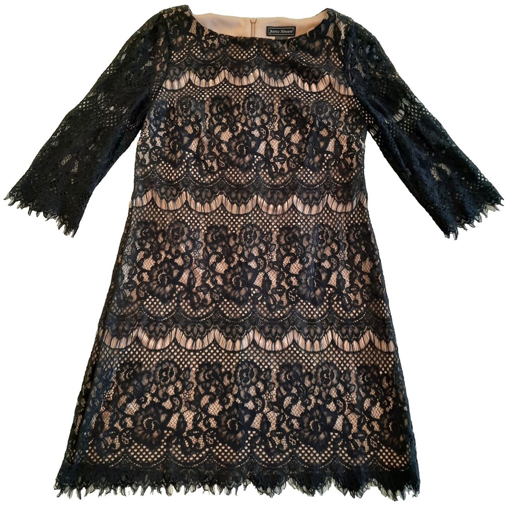 Jessica Howard Black Lace Overlay Dress, 3/4 Sleeve, Zip, Lined, Large